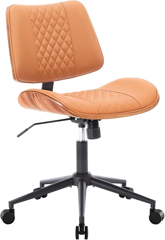 Home Office Chair No Arms with Wheels, Adjustable Height PU Leather Mid Back