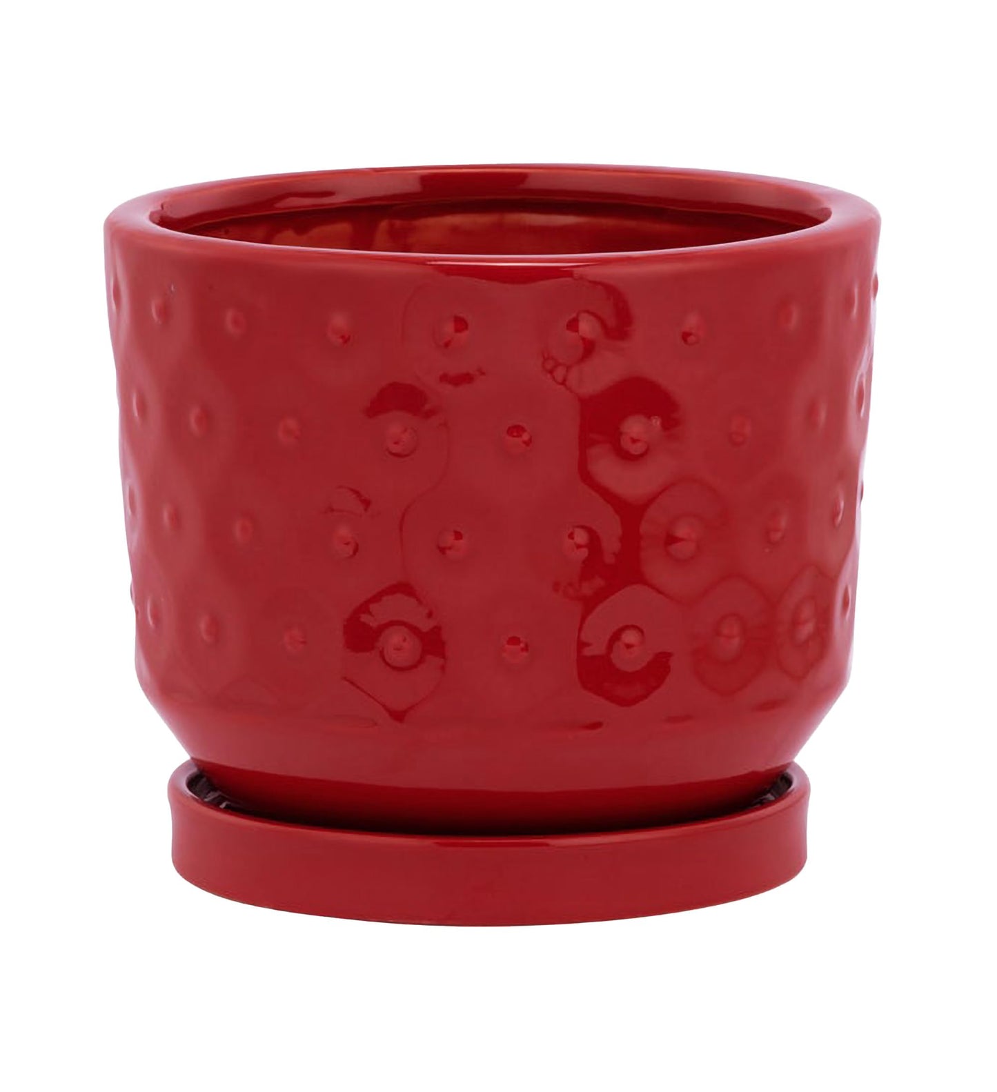 Napco Imports Decorative Home or Garden 5 x 6 Inch Indoor or Outdoor Flower Pot Planter with Saucer Vibrant Red Embossed Prism