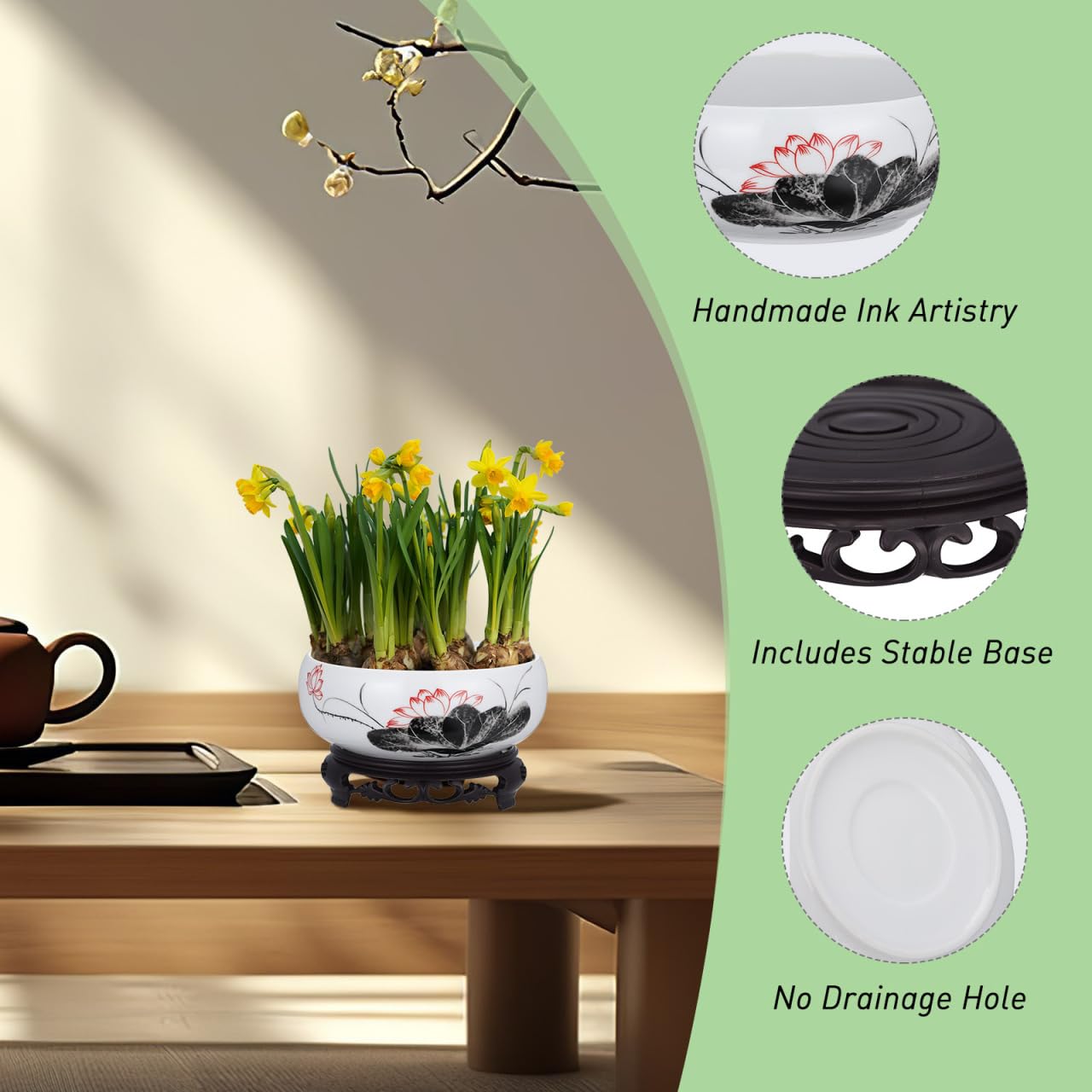 VICASKY White Ceramic Hydroponic Planter Bowl with Plastic Base - Oriental Lotus Shape Flower Pot for Daffodils, Water Plants, Lucky Bamboo & Home Decor