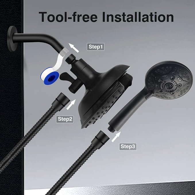INAVAMZ Shower Head with Handheld High Pressure: Hand Held Shower Head & Rain Shower Head 2-IN-1 Shower Head with 59" Rotatable Stainless Steel Hose, Shower Trim Systems, Black 1.8 GPM 15391