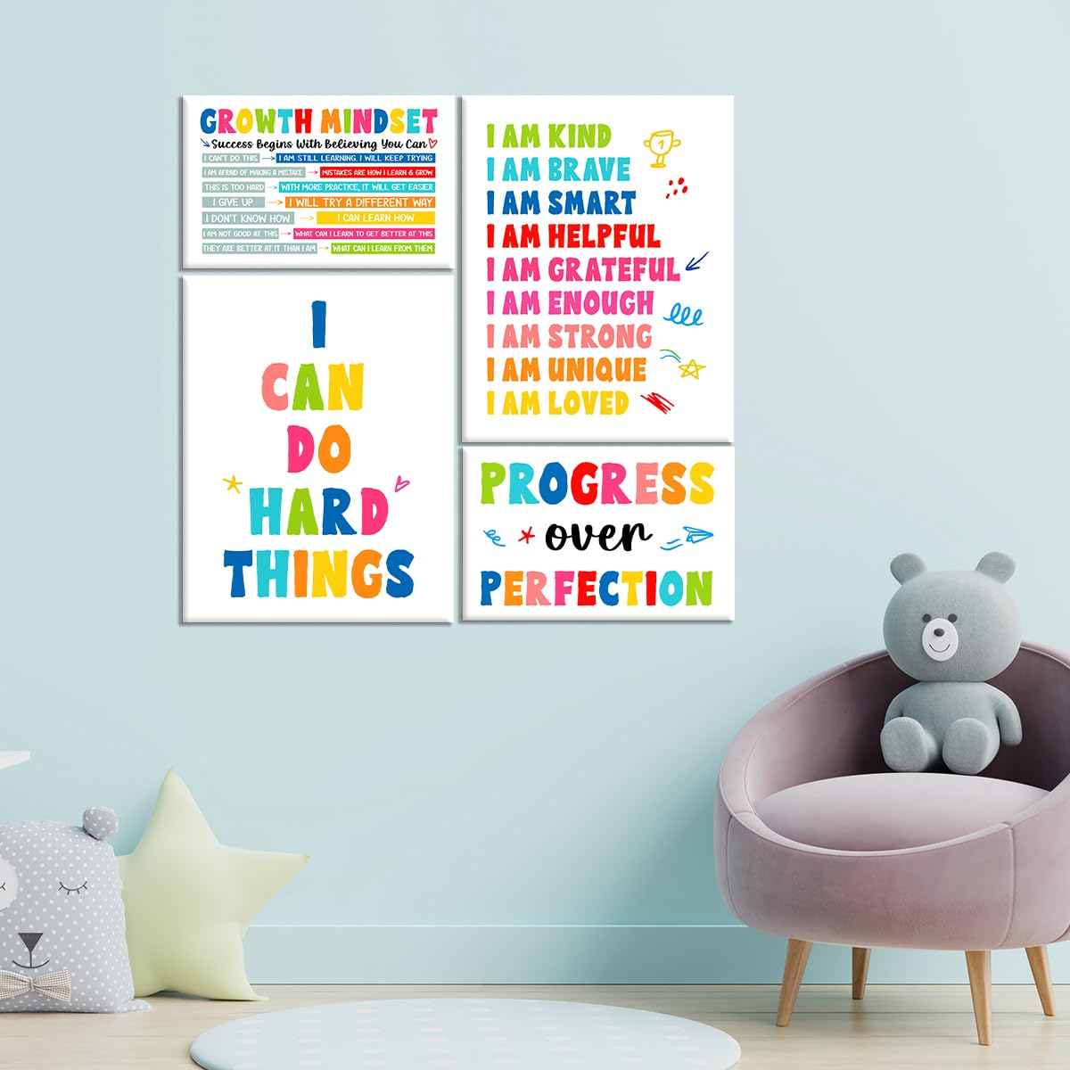 Kids Affirmation Wall Decor,Positive Growth Mindset Wall Art Canvas Frame Poster Print for Kids Bedroom Nursery Classroom Mental Health Psychological Counseling Office Wall Decor,Set of 6
