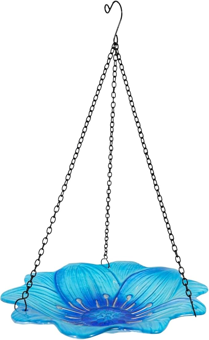 HONGLAND Bird Baths for Outside,10 Inch Small Blue Glass Birdbaths Outdoor,Detachable Bird Feeder with Metal HangingStake for Garden Yard Patio Decor,15" Height