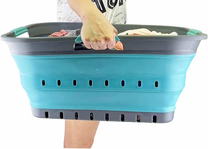 SAMMART 42L (11 gallon) Collapsible Plastic Laundry Basket - Foldable Pop Up Storage Container/Organizer - Space Saving Hamper/Basket (Grey/Crystal Blue)