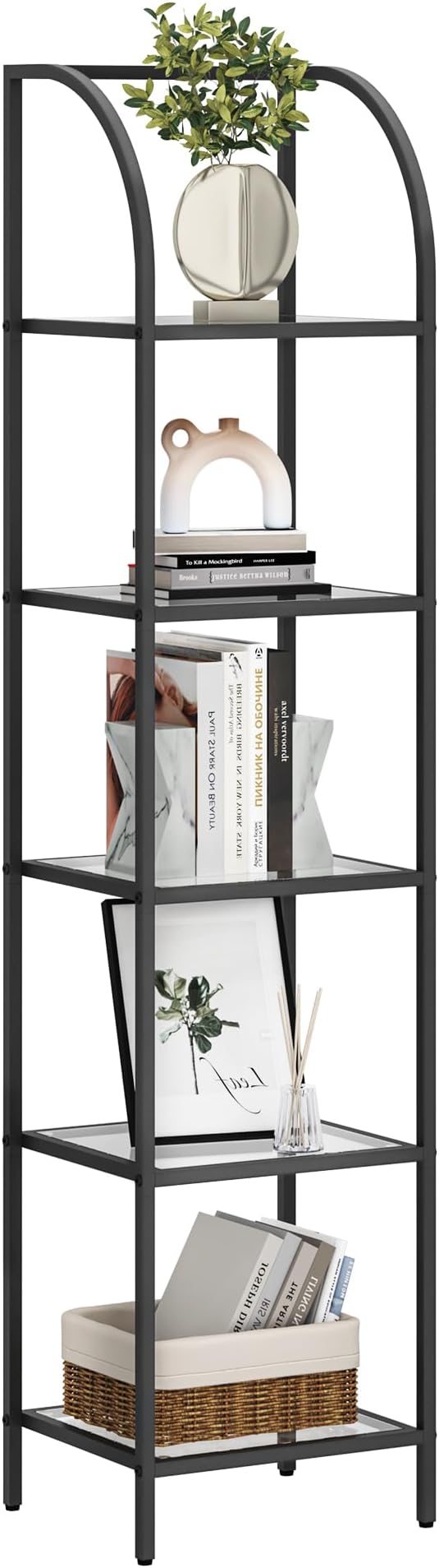 Hzuaneri Bookcase Bookshelf, Tempered Glass Arched Bookshelf