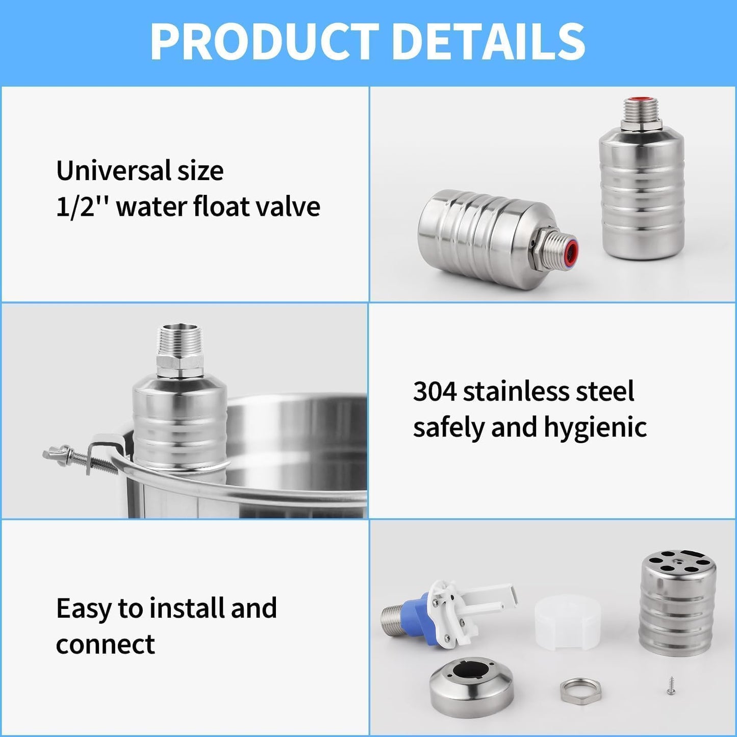 2Pcs Water Float Valve for Water Tank, Aquapulse Automatic Water-Level Control System, 1/2" to 3/4" Stainless Steel Water Shut Off Float Valve for Water Tower, Pool, Livestock Troughs