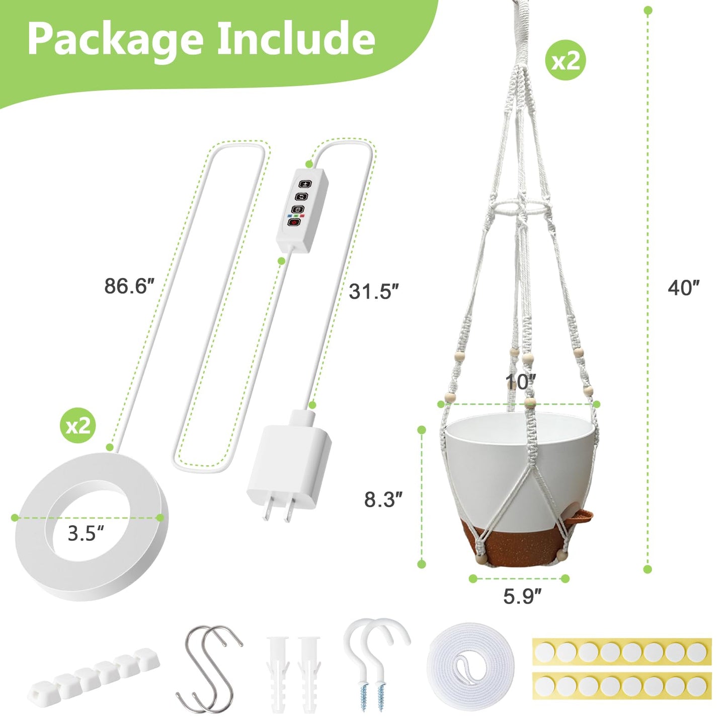 MSFON 2 Pack Hanging Planters with Grow Light for Indoor Plants, 10” Self Watering Pots for Apartments & Low-Light Rooms, Macrame Hangers, Timer, Drainage Holes & Removable Tray