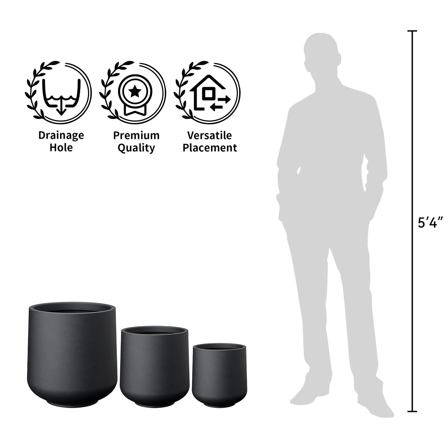 Kante 15.3" Dia Round Concrete Planter, Outdoor Indoor Large Plant Pots Containers with Drainage Hole and Rubber Plug for Home Garden Patio, Black