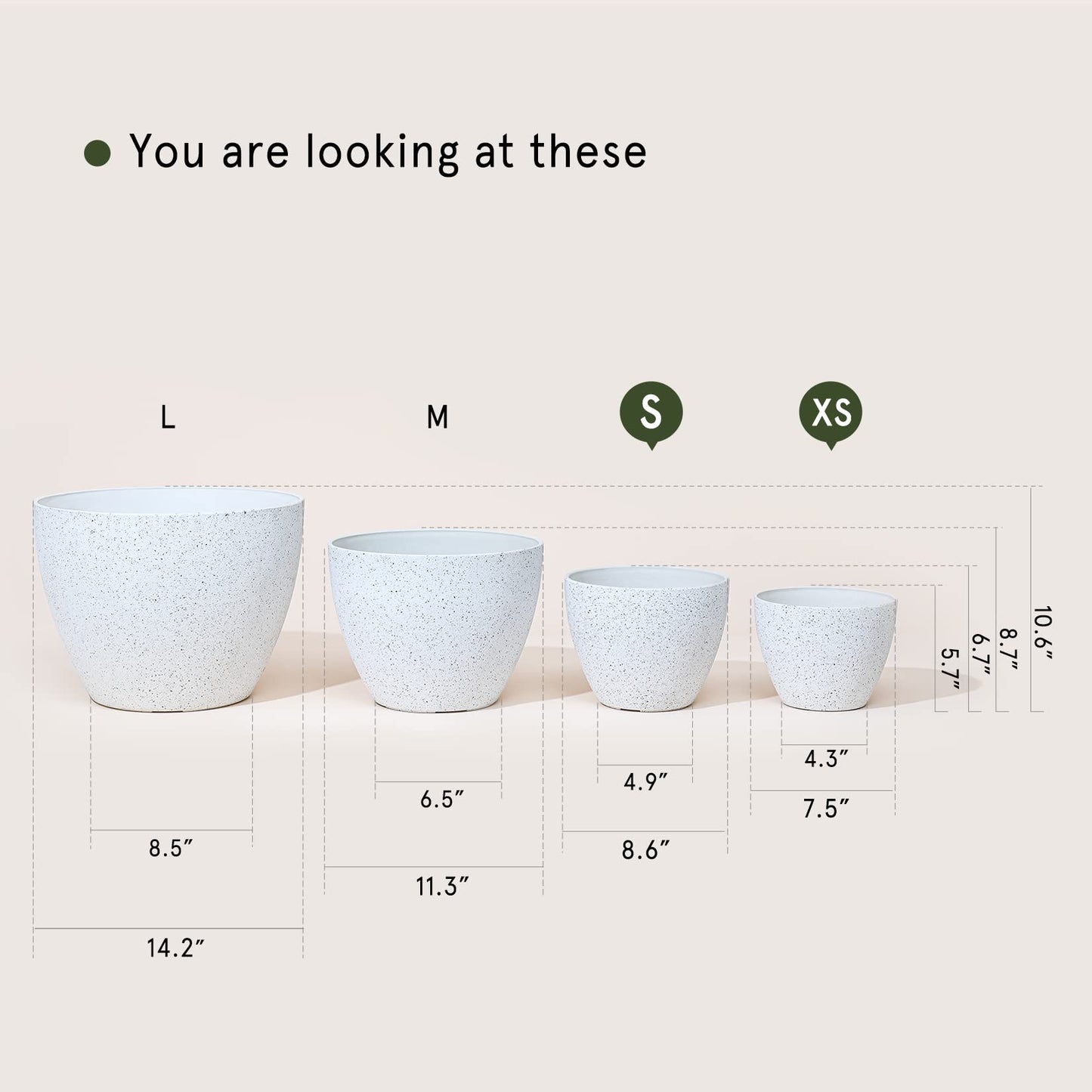 LA JOLIE MUSE Flower Pots Outdoor Garden Planters, Indoor Plant Pots with Drainage Holes, Plastic, Speckled White, Set 2 (8.6 + 7.5 Inch)