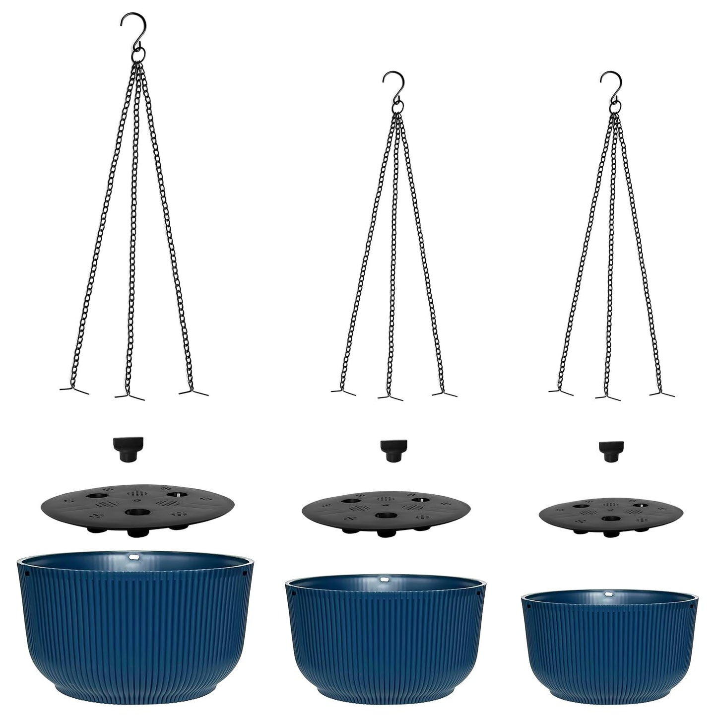 RooTrimmer Hanging Planters 9/10/11 Inch for Indoor Plants, 3 Pack Plant Hanger Outdoor with Drainage Holes, Self Watering Hanging Basket Flower Pot for Garden Home Decor, Dark Blue