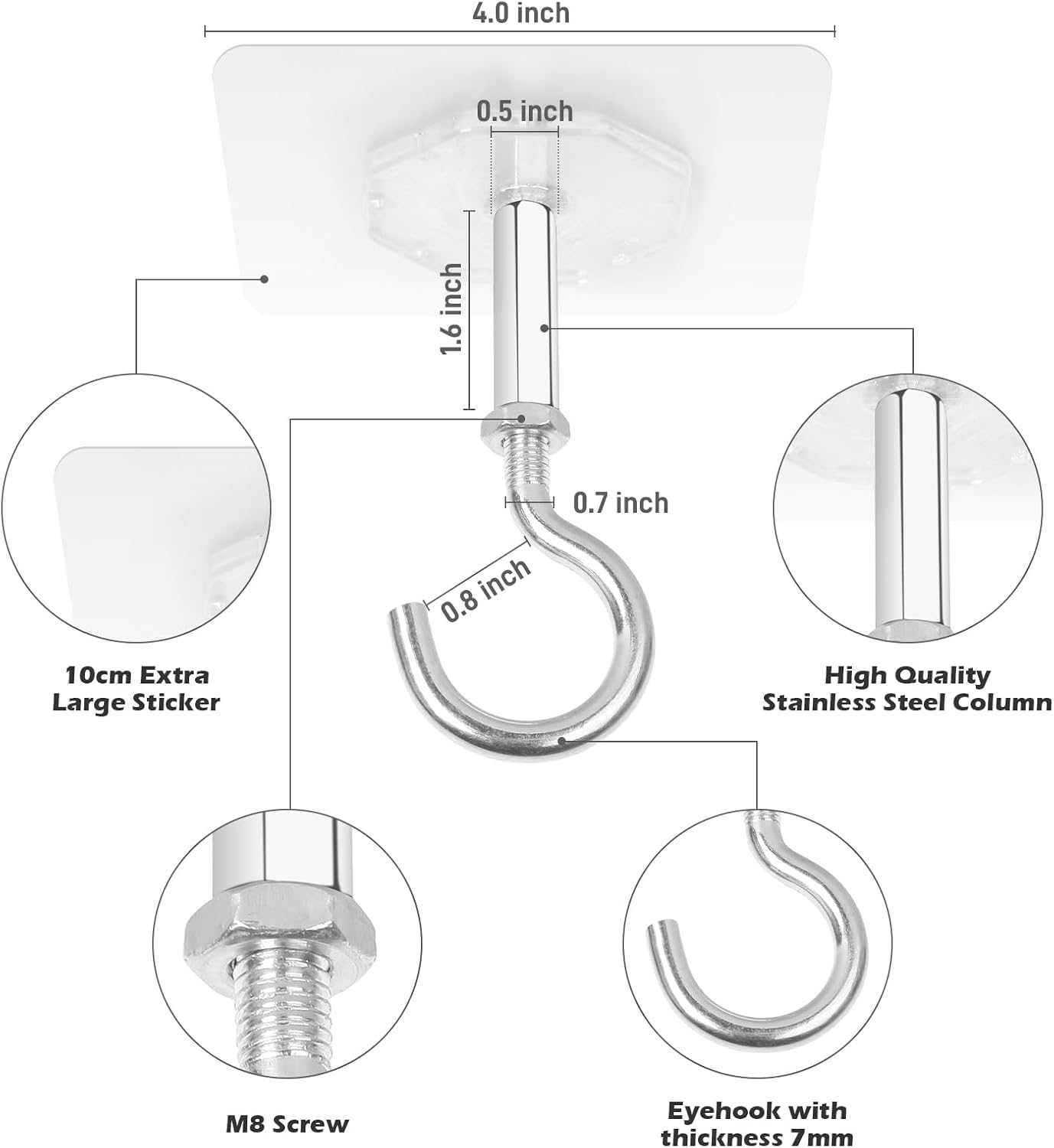 Dlilise Adhesive Ceiling Hooks, 4 Pack 30lbs Super Heavy Duty for Hanging Plants, Ceiling Hooks, Strong No Drill Outdoor Sticky Ceiling Hanger, Stick On Hooks for Lights,Wind Chimes,Lantern