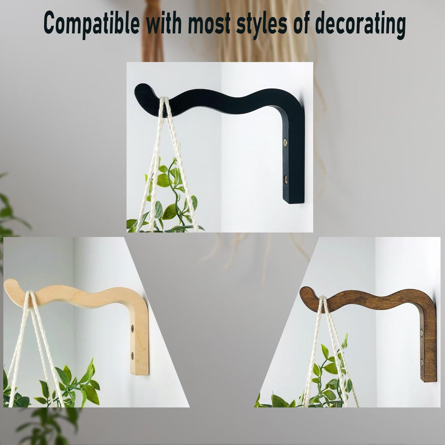 Tritaraesa Wooden Wall Planters, Hanging Plant Hooks for Indoors, Wave-Shaped Wooden Hanging Baskets for Wall Plant Hooks Heavy Duty for Flower Pots Wind Chimes and Bird Feeders (Walnut,2 Pack)