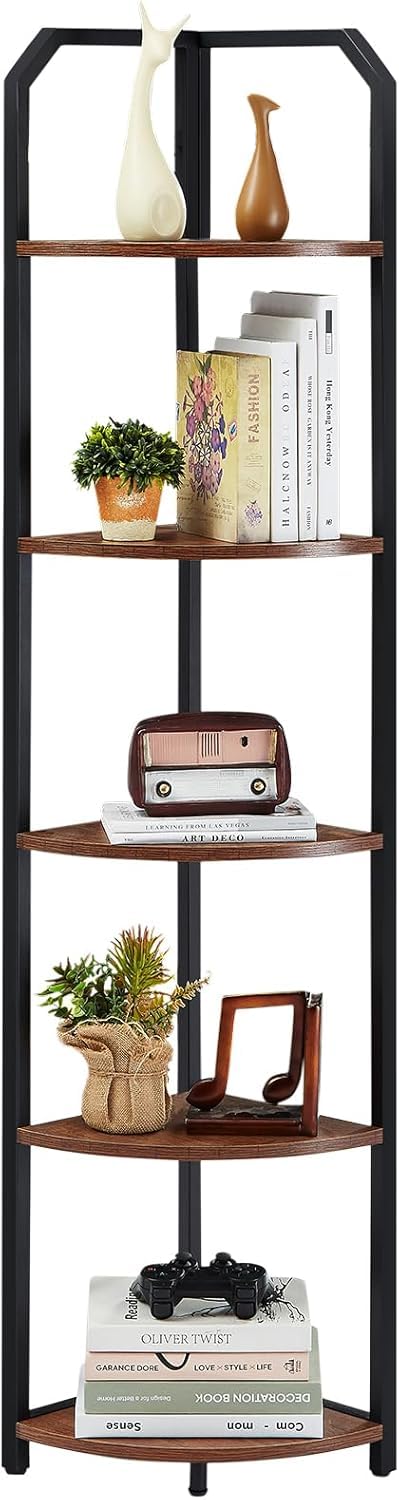 MNEETRUNG Corner Shelf, 5-Tier Industrial Corner Bookshelf, Freestanding Corner Shelf Stand with Metal Frame, Open Corner Plant Stand for Small Space, Home Office, Living Room, Bedroom, Brown