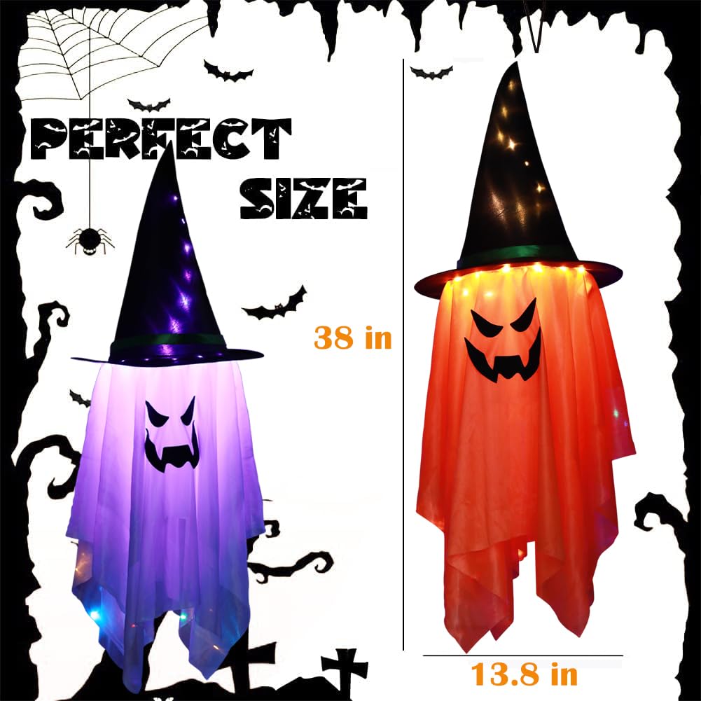 BokingOne Halloween Decoration 2 Pcs Large Halloween Lighted Glowing Ghost Witch Hats, Hanging Ghost Ornaments for Indoor Outdoor Home, Garden, Tree, Yard Party Decor