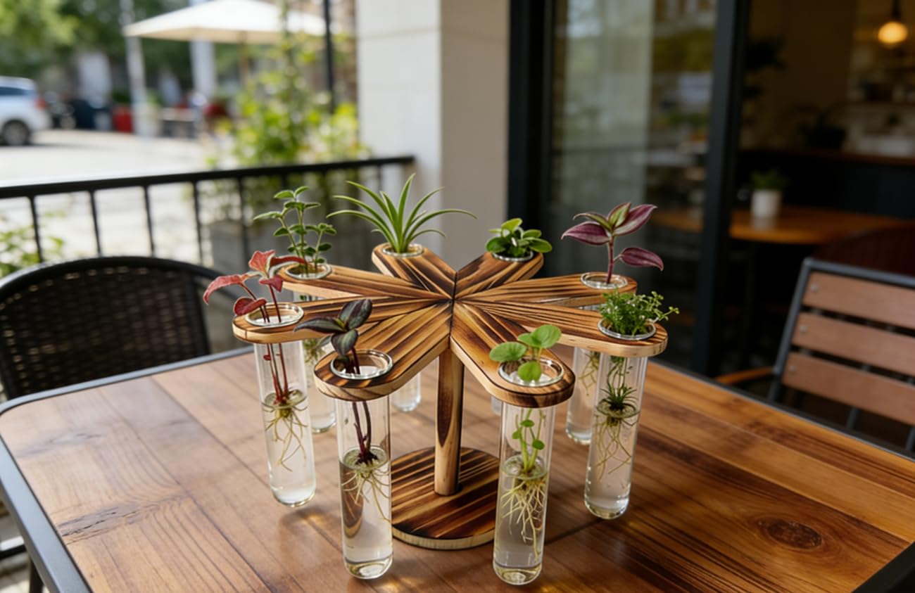 Plant Terrarium Propagation Stations, Clear Glass Flower Vases, Wooden Stand Retro, Hydroponics for Home Office Decoration, Dining Table Centerpiece - 8 Glass Tubes Vases