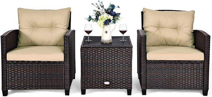 COSTWAY 3PCS Patio Furniture Set, PE Rattan Wicker Sofa w/Washable Cushion and