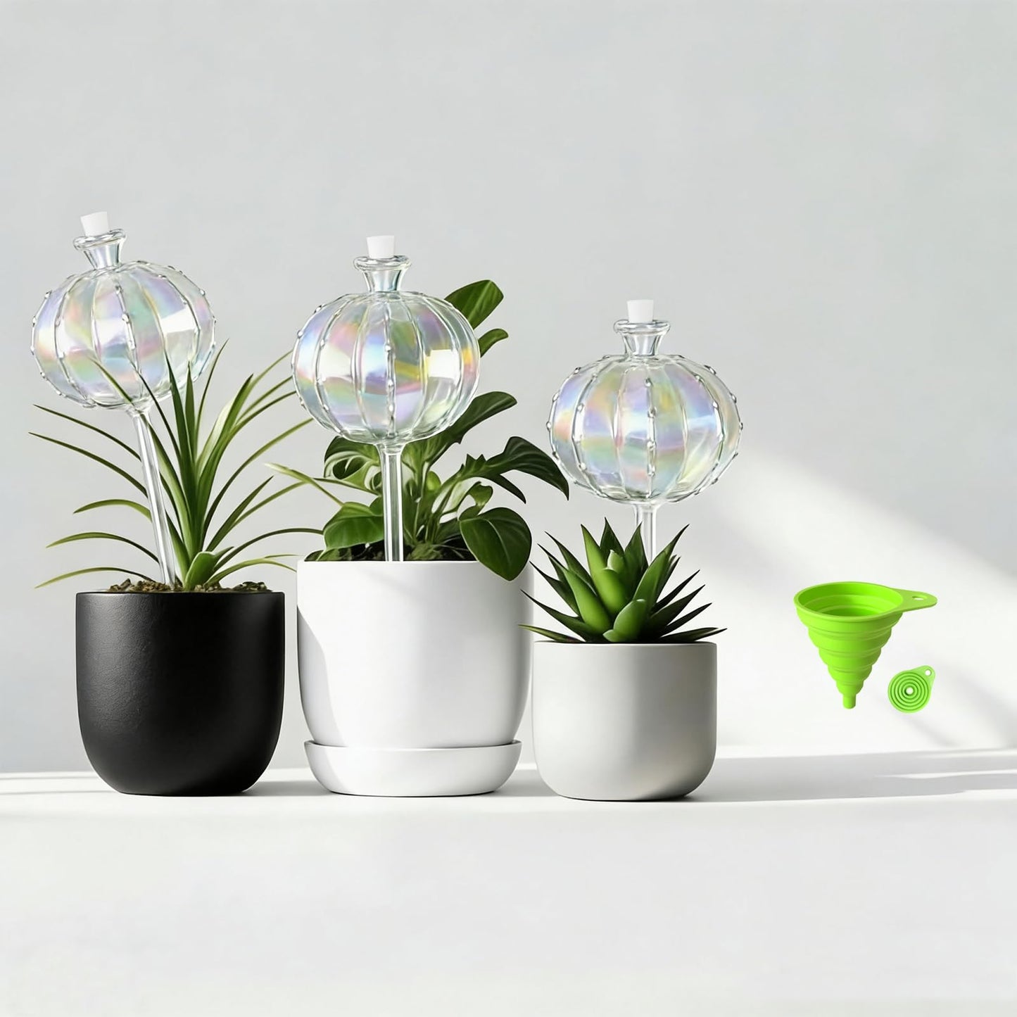 OYSIR 3 PCS Top-Fill Self Watering Globes, Automatic Plant Watering Devices, Transparent Self Watering Planter Insert, Durable Clear Glass Aqua Bulbs for Indoor, Cactus Shape, & Funnel