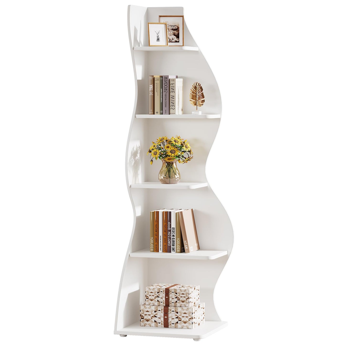 Tribesigns Wavy Corner Shelf, Modern 5-Tier Bookshelf Bookcase with Curvy Shape, Unique Plant Stand Display Rack for Living Room Small Space (White)