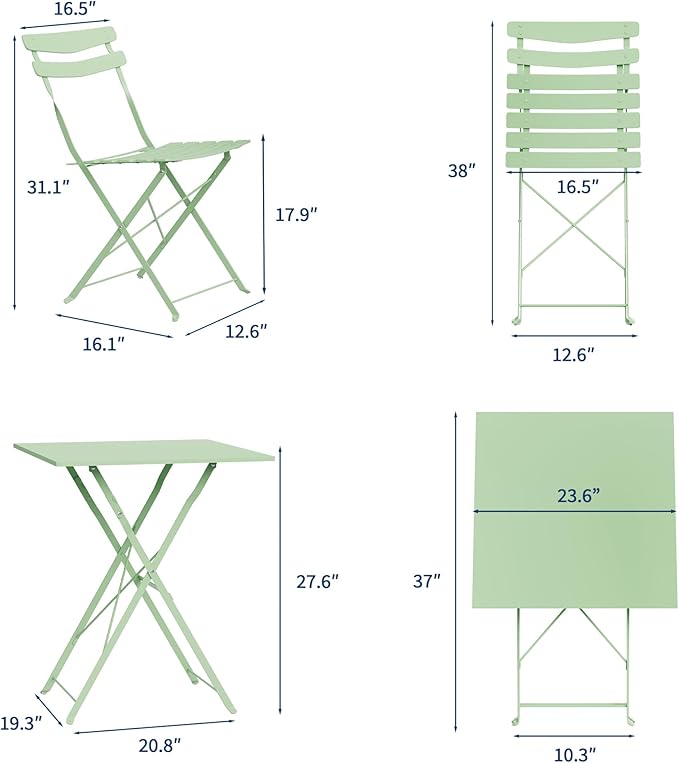 GarveeLife 3 Piece Patio Bistro Set, Folding Patio Bistro Table and Chairs Set