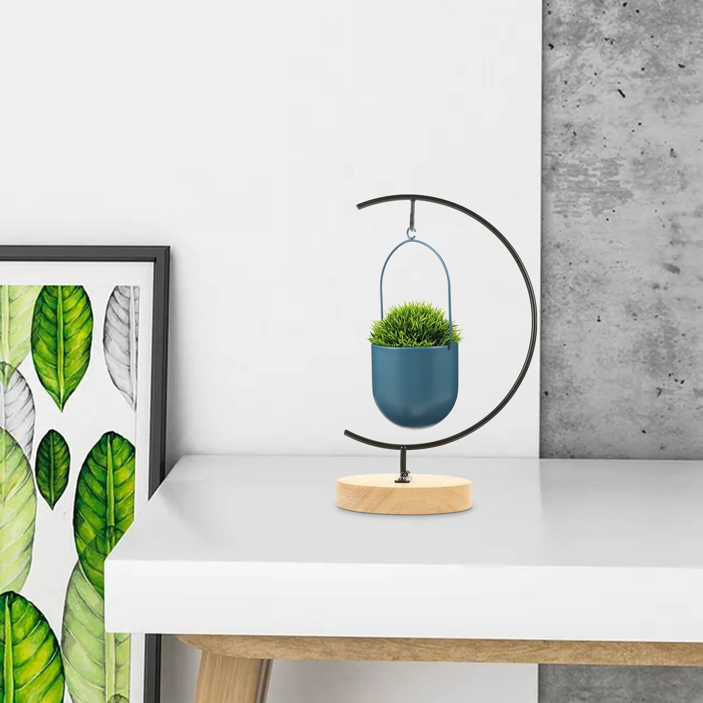 EXAOMBLE Micro Landscape Hanging Glass Globe Stand with Wooden Base, Iron Terrarium Display Holder for Air Plants and Small Plant Pots, Decorative Hanging Ornament Rack for Home Décor