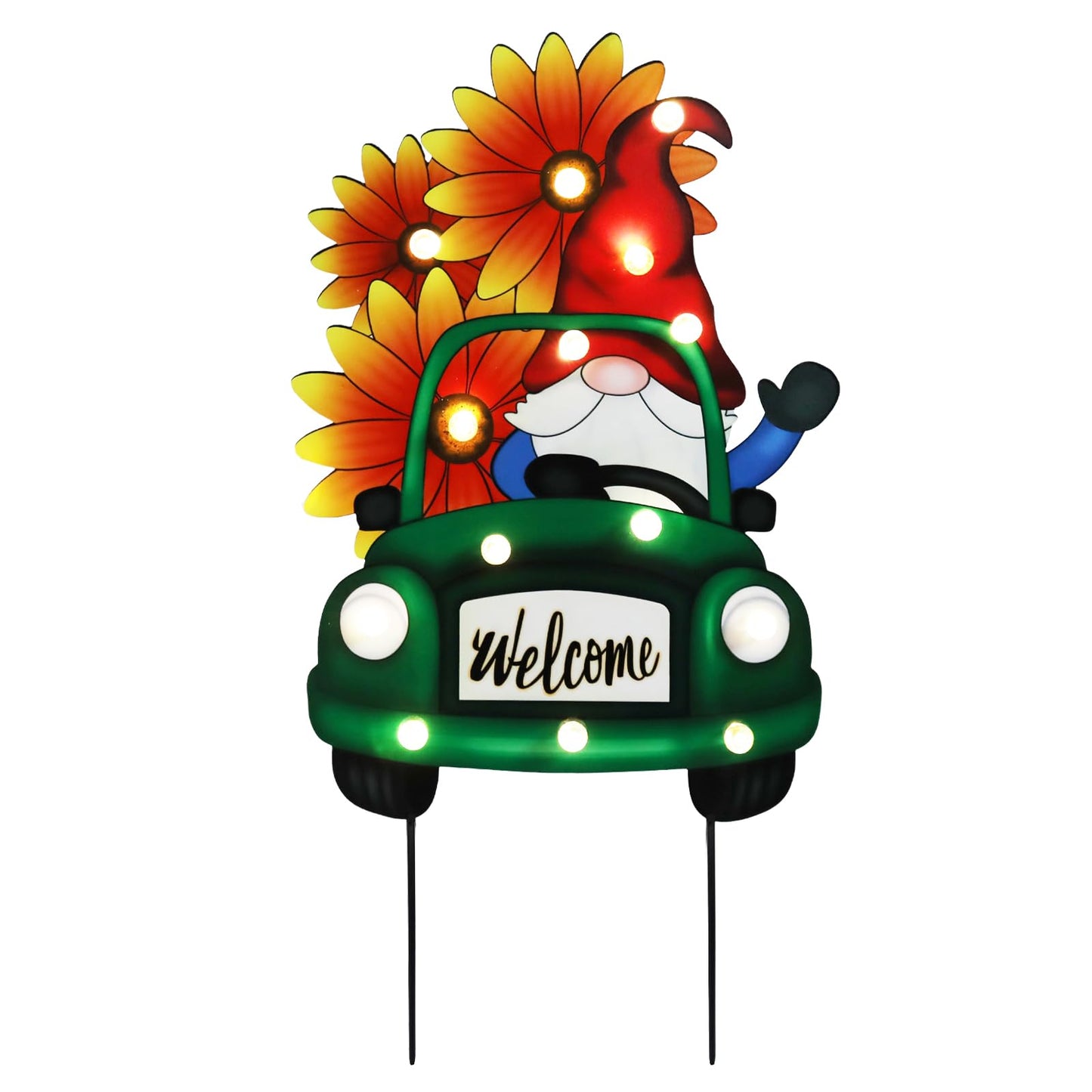 WONDER GARDEN Sunflower Yard Sign Decoration, 22.4" Metal Gnome Truck with LED Lighted, Outdoor Summer Garden Welcome Sign Stake, Outdoor Spring Truck Yard Decoration, Gift for Mom