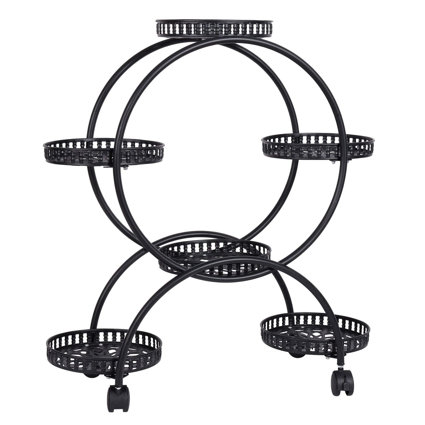 unho Metal Plant Stand 6-Potted: Flower Pot Holder with Wheels 4 Tier Display Shelf Rack for Patio Balcony Yard Garden Home Decor, Black