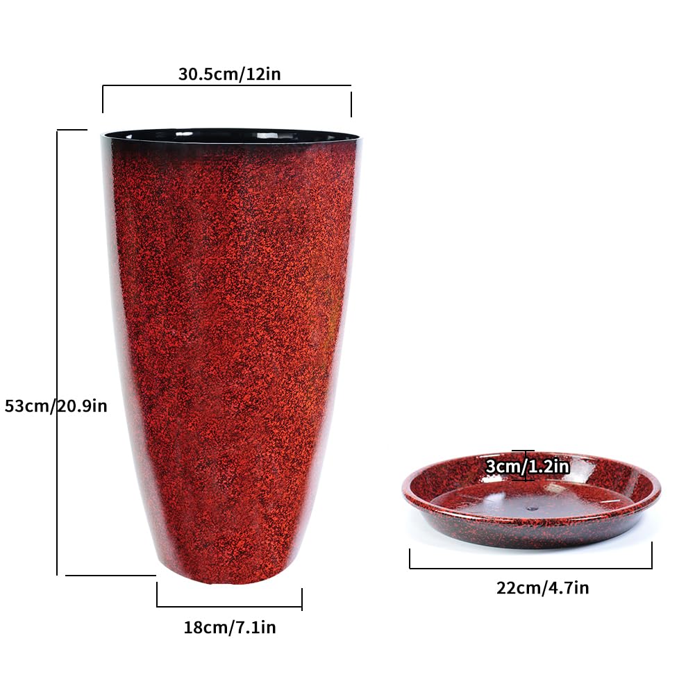 2 Pcs Pack 21 Inches Plastic Resin Tall Tapered Planter Pots Large Round Planter Flower Pot with Drainage Holes for Indoor Outdoor Deck Porch Yard Office Garden Home Patio Front Door (Red, L)