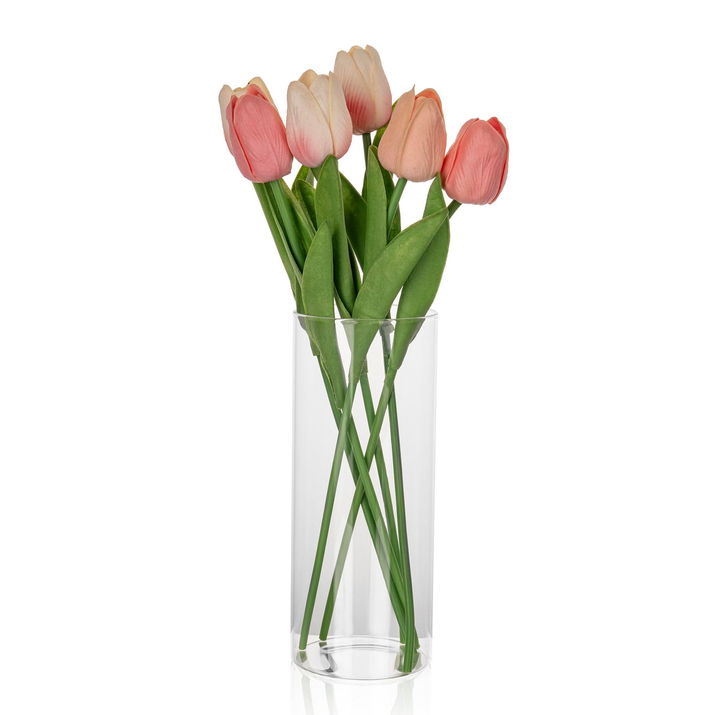 Glass Cylinder Vase with LED Wooden Base - 7.9 Inch Clear Glass Flower Bud Vase Pampas Grass, Light Up Terrarium for Plants, Fish Bowl Centerpiece, Home Decor Gift for Women Mom - Warm Light