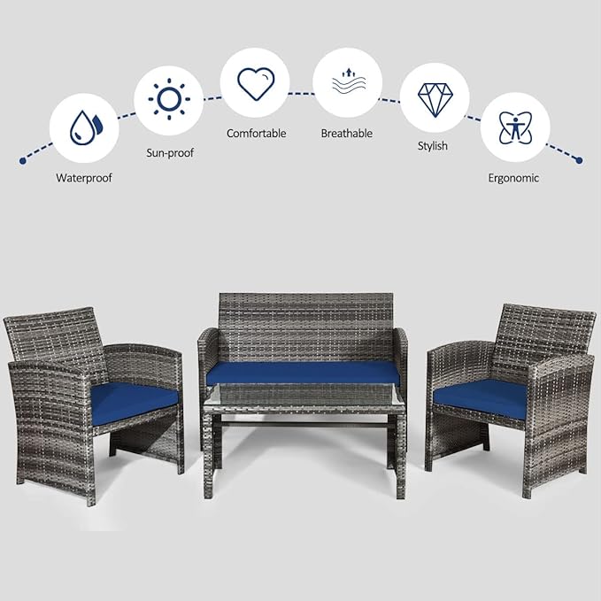 Tangkula 4 PCS Wicker Patio Conversation Set, Outdoor Rattan Sofas