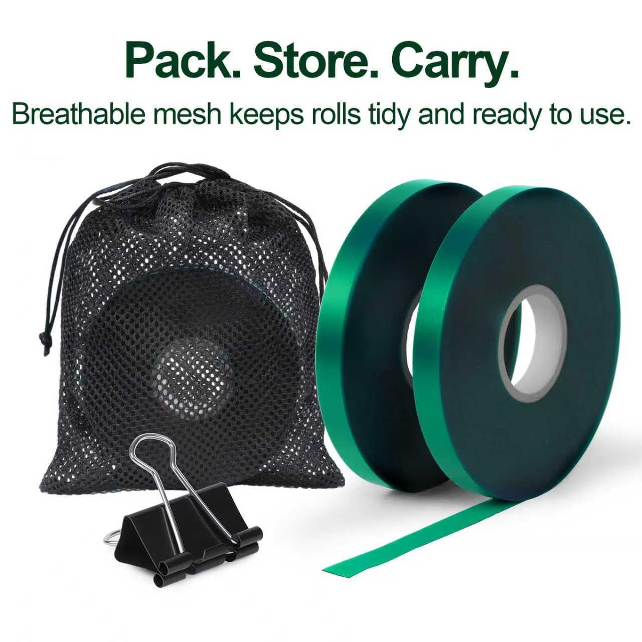Plant Tie Tape – 4 Rolls (788 ft) Stretch Vinyl (PVC), 0.5" Wide, Non-Adhesive Garden Ties for Stems & Poles – Includes Mesh Bag & Binder Clip (788 ft)