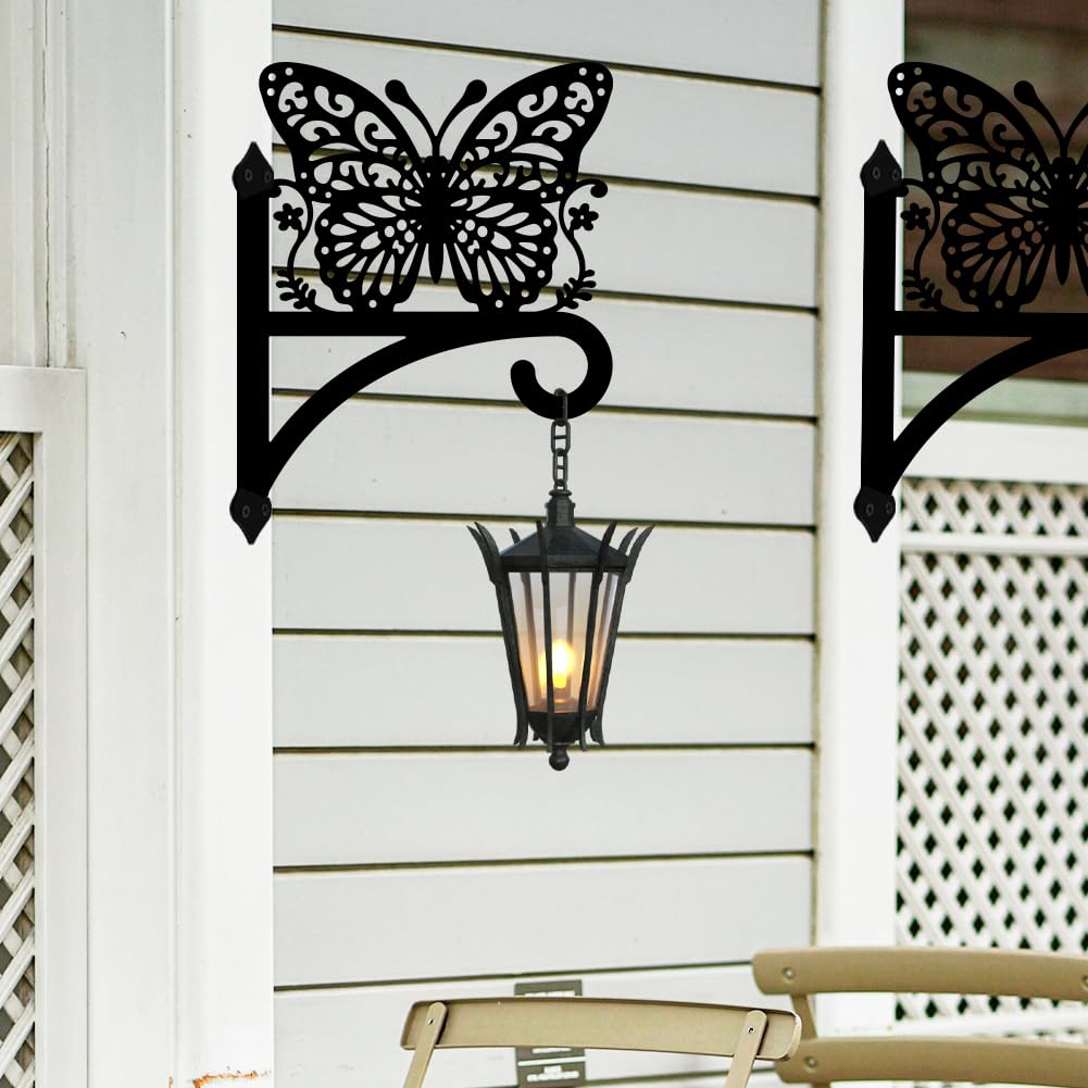 Peacoblue Iron Plant Hangers Hooks for Outdoor Indoor Hanging Plants Flower Fern Pots Lantern Bird Feeder Wind Chimes, 12"x16" Weather Resistant Metal Wall Holder for Porch Garden Farmhouse(Butterfly)