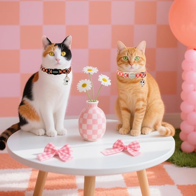 2 Pack Fall Cat Collars Breakaway with Bell, DOGWONG Safety Buckle Orange Plaid Halloween Cute Cat Collar for Girl Boy Cats,Adjustable 7-12 Inch