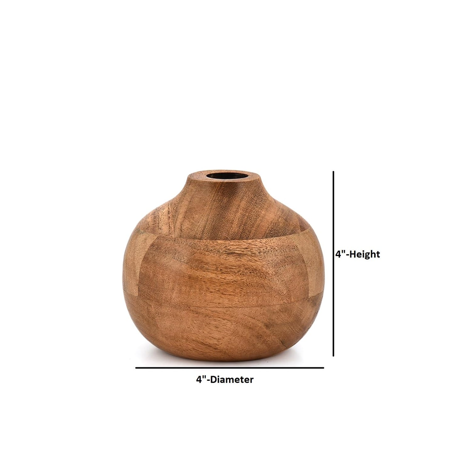 Mahasu Vases Acacia Wood Small Round Hand-Carved | Handmade Vase | Handmade Home Office Table Vase (4" X 4" X 4")