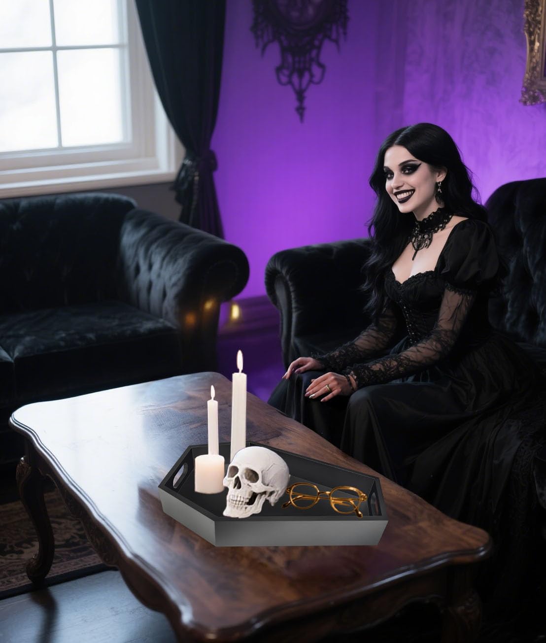 14.2'' Coffin Charcuterie Boards for Gothic Bedroom Kitchen Bathroom Decor - Sturdy Solid Wooden Spooky Halloween Tray for Emo Home
