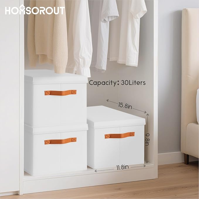 Homsorout Storage Bins with Lids - Large Fabric Closet Bins with Lid, 5 Pack Clothes Organizers and Storage, Collapsible Stackable Cube Basket for Home, Office, Dorm, White