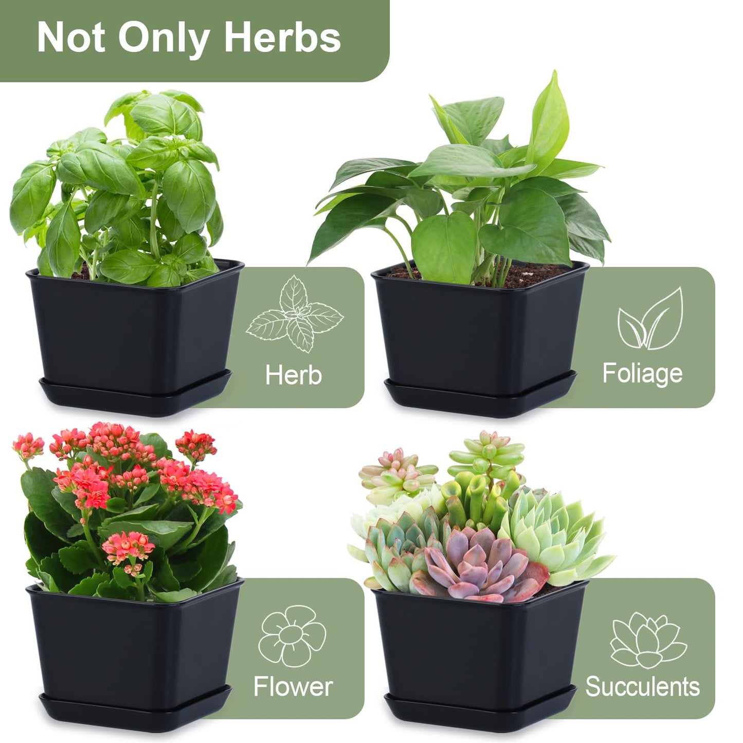 Oliz Herb Garden Planter Indoor Kit Pots for Indoor/Outdoor Plants 4 Packs Windowsill Plant Pots with Drainage and Tray, Window Pot for Indoor Plants (Black)