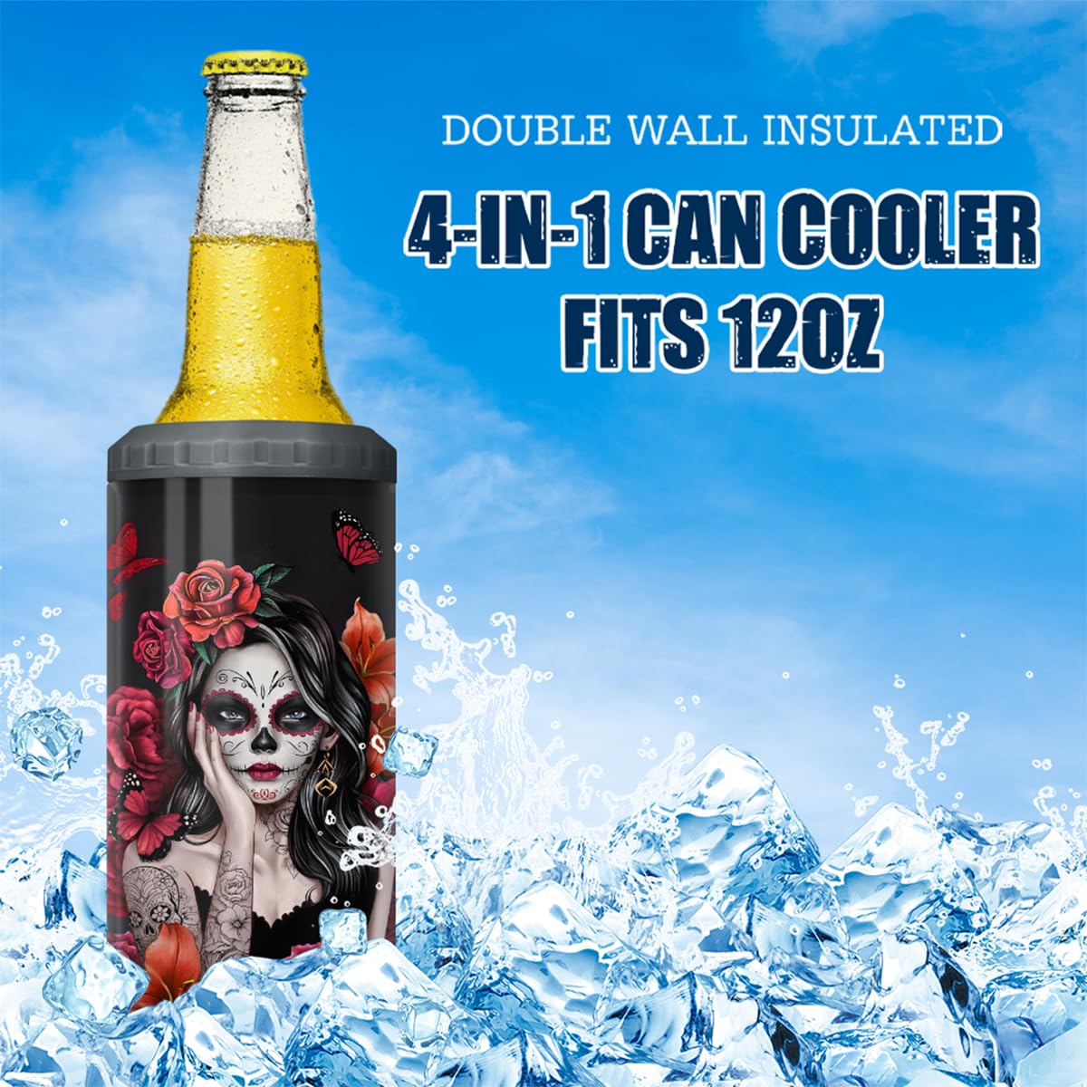 SANDJEST Sugar Skull Tumbler Sugar And Spice 4 in 1 12oz Tumbler Can Cooler Coozie Skinny Stainless Steel Tumbler Gift for Women Girl Friends Christmas Birthday Halloween