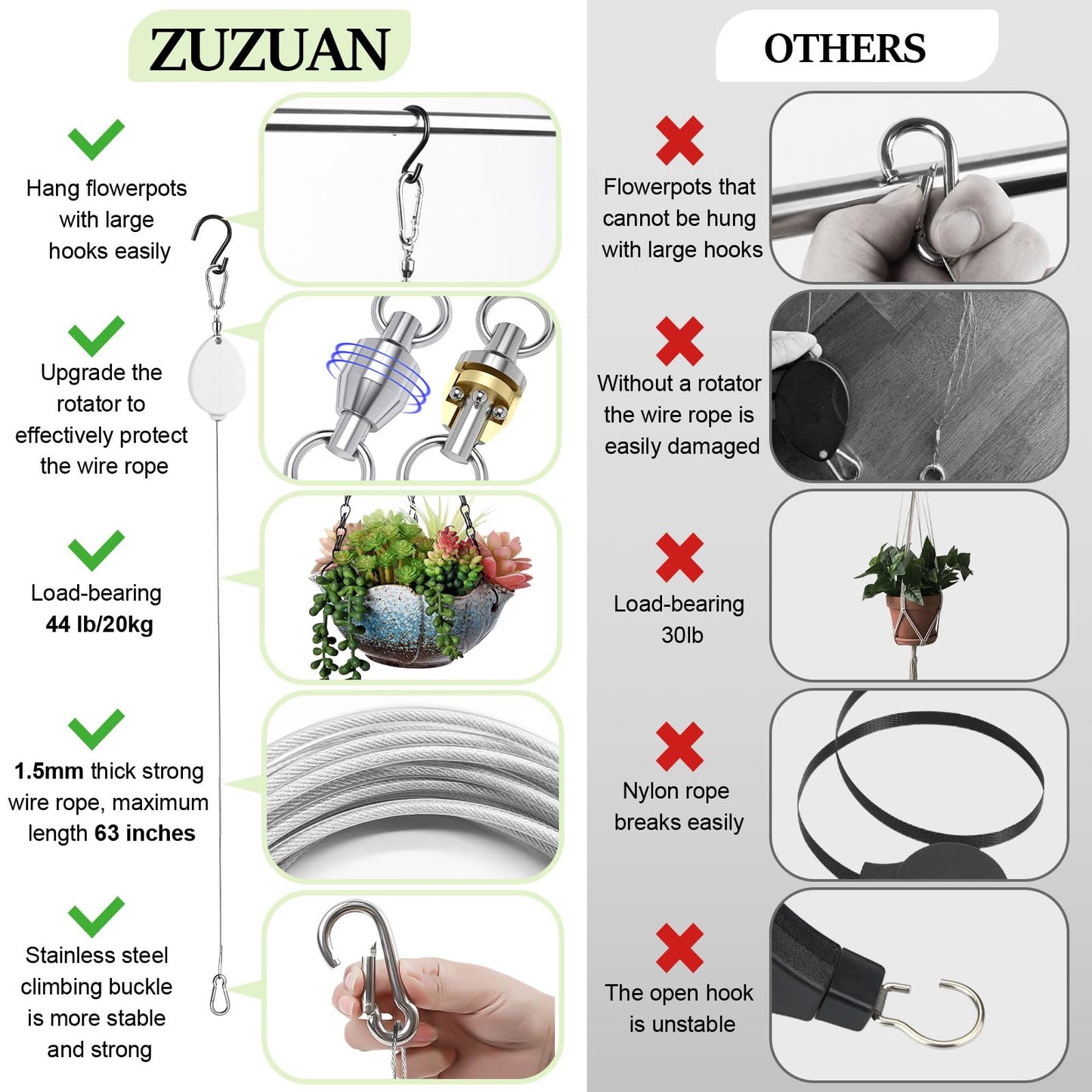 ZUZUAN 2026New 3Pcs Retractable Plant Hanger with Leaf Texture,44Lbs Load Capacity,Auto Lock,Adjustable Hook for Hanging Plants,Bird Feed,Wind Chimes,Garden Pots,Rust-Proof Stainless Steel,White