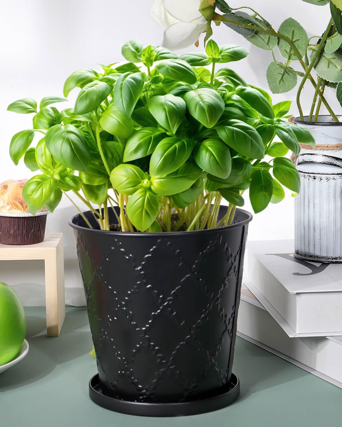 vensovo Black Galvanized Planters - 3 Pack Metal Pot with Drainage & Saucers – Rustic Tin Herb Pots for Indoor/Outdoor Plants – Farmhouse Flower Buckets for Wedding or Home Decor