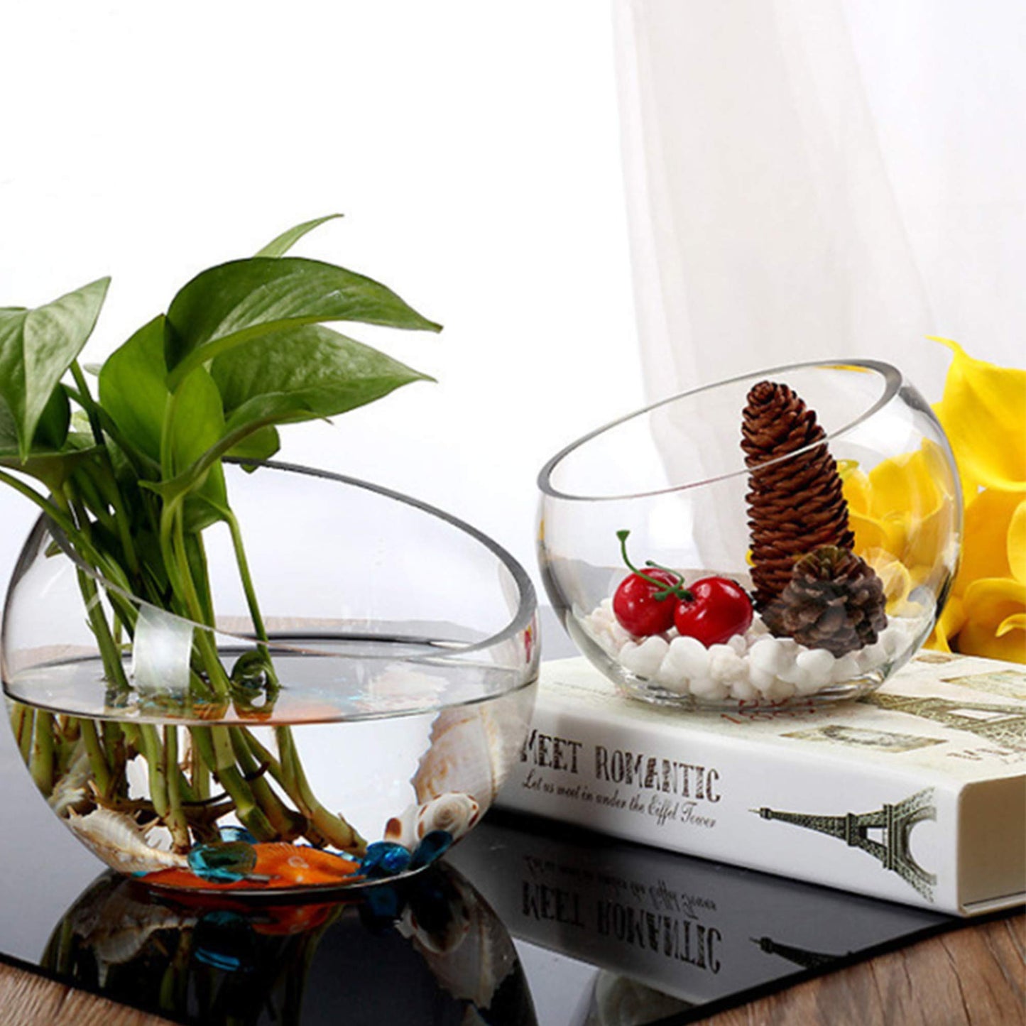 WGV Slant Cut Bowl Glass Vase Bulk, Width 11", Height 9.5", Clear Terrarium, Candy Dish, Fruit Jar, Floral Container for Wedding Party Event, Home Office Decor, 2 Pieces