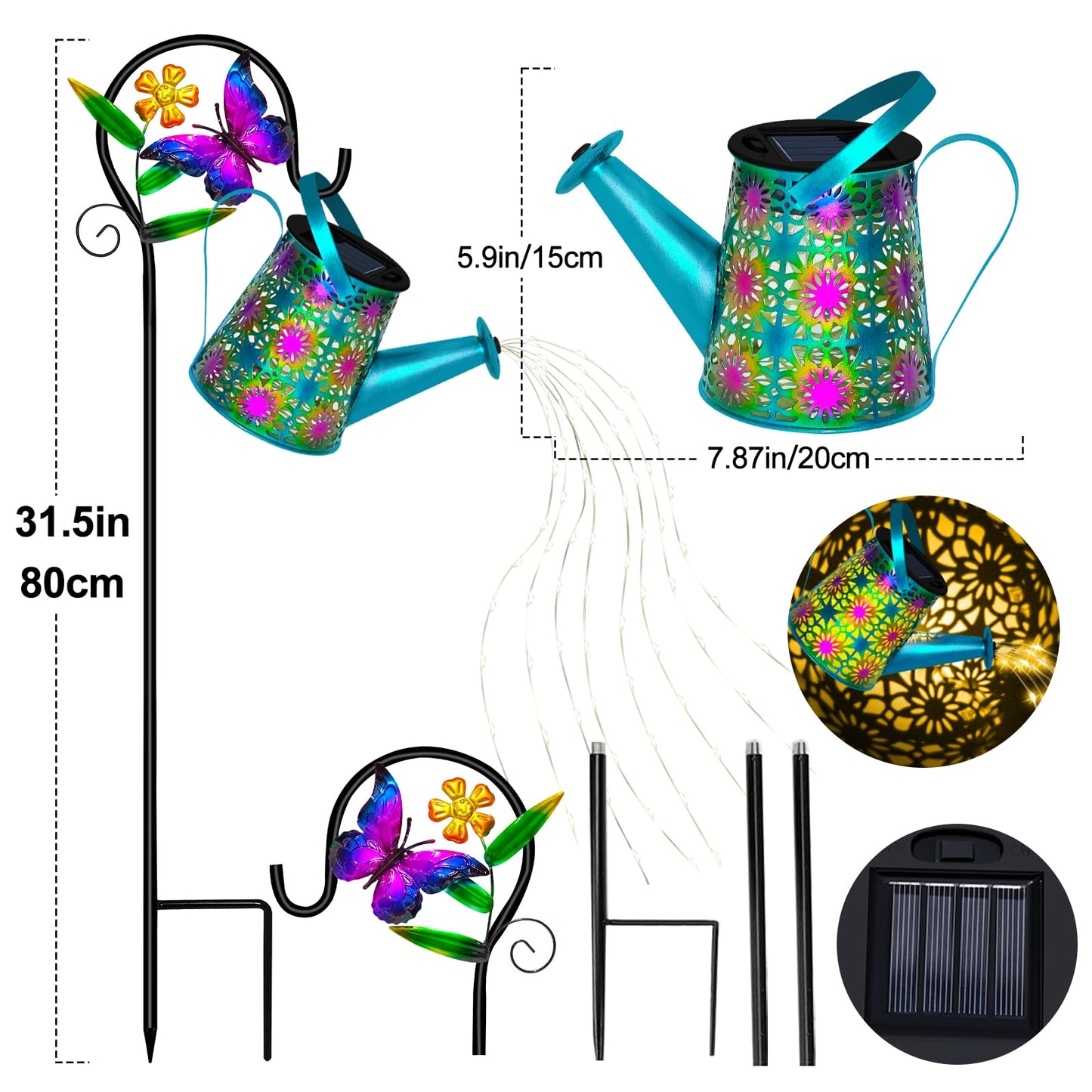 Solar Watering Can with Lights, Waterproof Solar Lantern with Butterfly Shepherd Hook, Hanging Garden Lights for Patio Yard Lawn Porch Outdoor Decoration 2 Pack