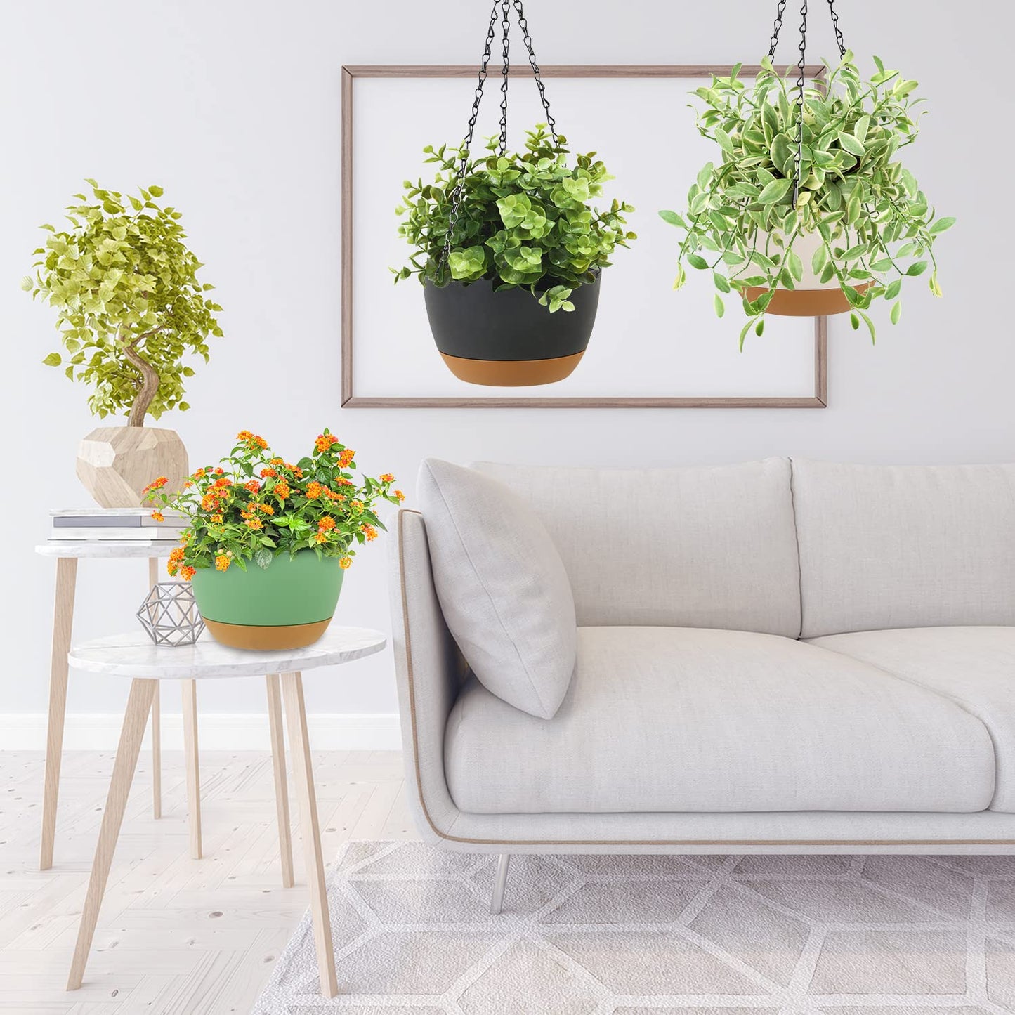 LIYDE 3 Pack Hanging Planters, 8 Inch Small Hanging Pots Self Watering Hanging Planters for Indoor Plants with Drainage Holes and Removable Tray Hanging Basket