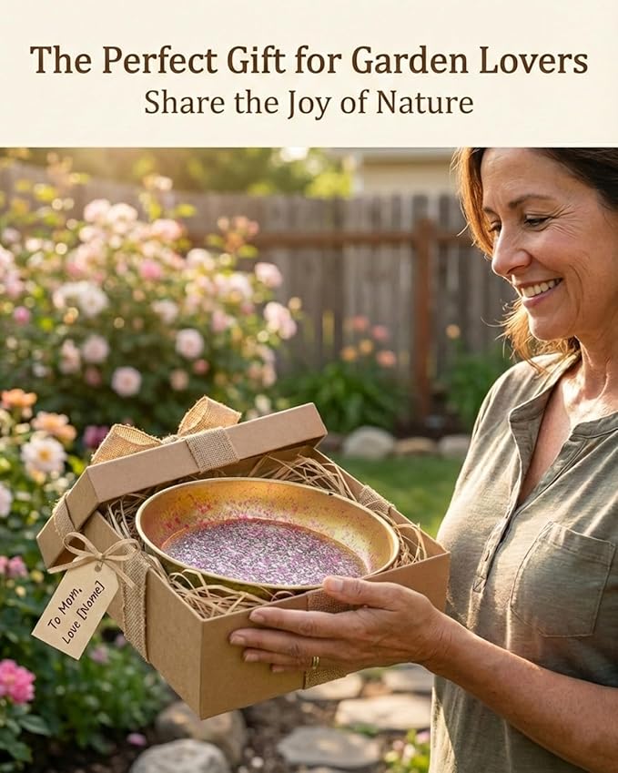 Hanging Bird Bath for Outside Metal Birdbath 11 Inch for Birds to Seed Bathe Drink Decor Bird Bath Gold to Iridescent Pink Gradient Decor for Garden Back Yard Patio Attracts Hummingbirds & Finches