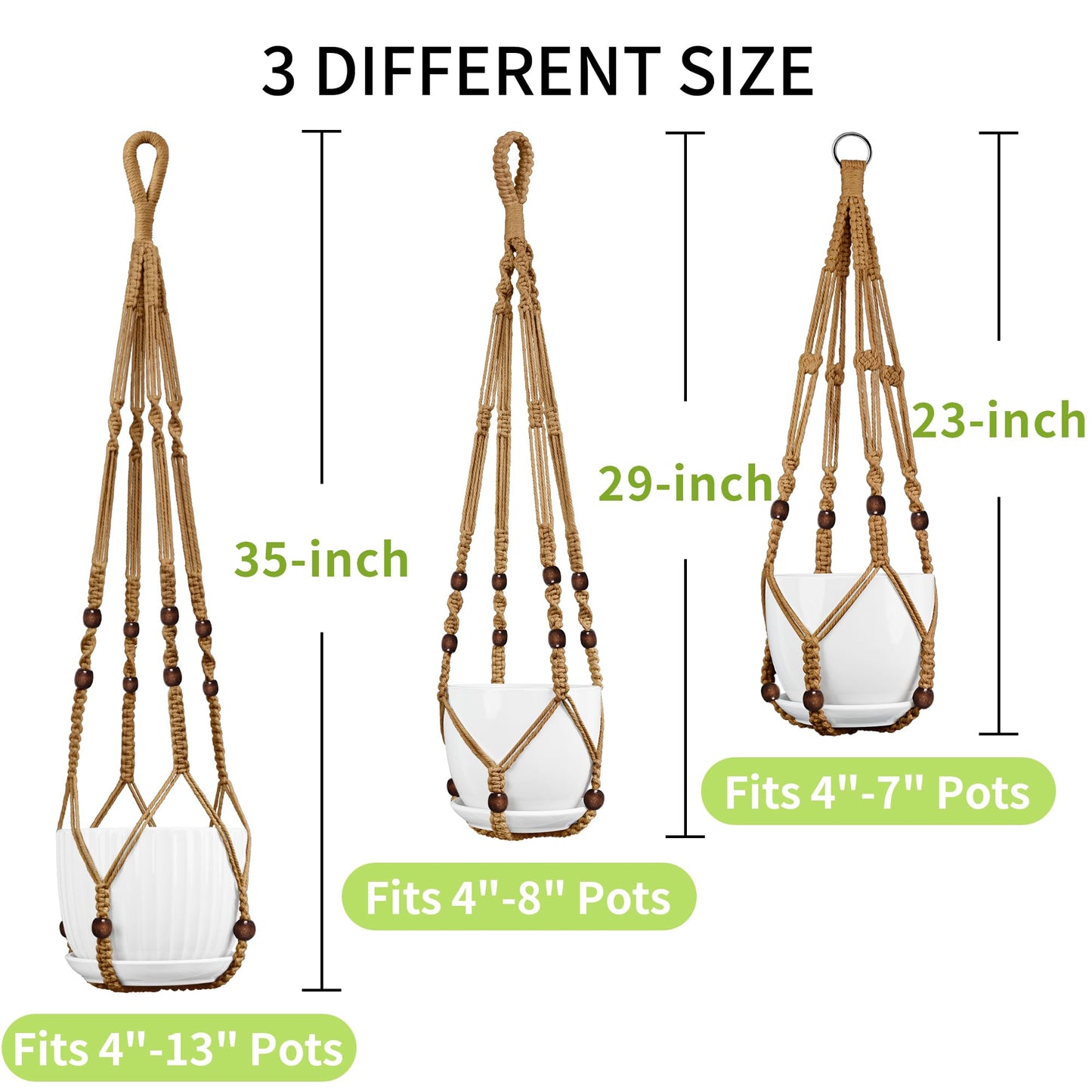 IDEEEPAN Macrame Plant Hanger - Fits 4 to 13 inches Pots for Indoor Outdoor, 35"/29"/23" Different Sizes Set, Brown (POTS NOT Included)