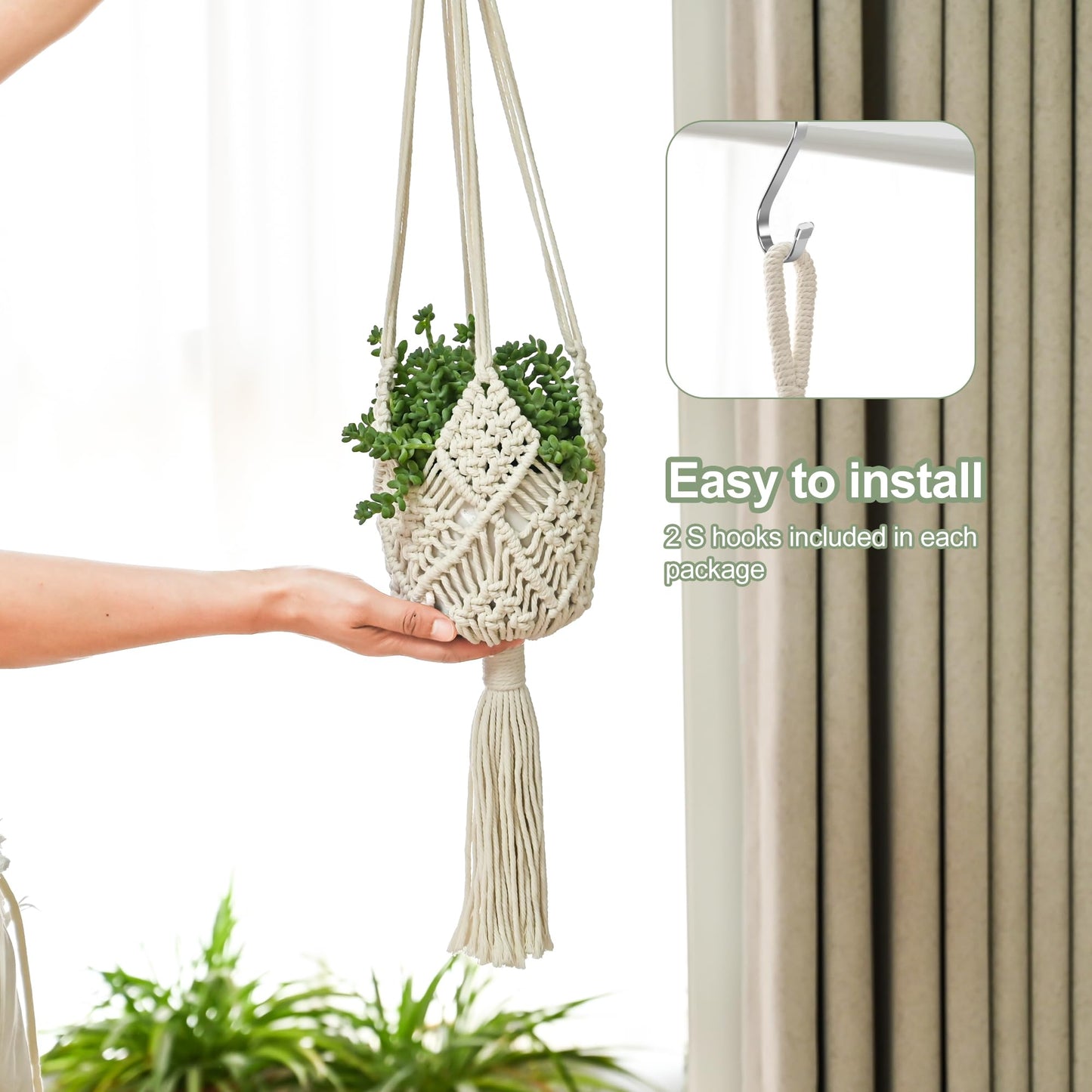 XINBOR Hanging Planter with Patterns,2Packs Macrame Plant Hangers Indoor Macrame for up to 8 inch Pot Crochet Boho Plant Hanger Holder for Indoor Outdoor with 2S Shaped Stainless Steel Hooks (White)