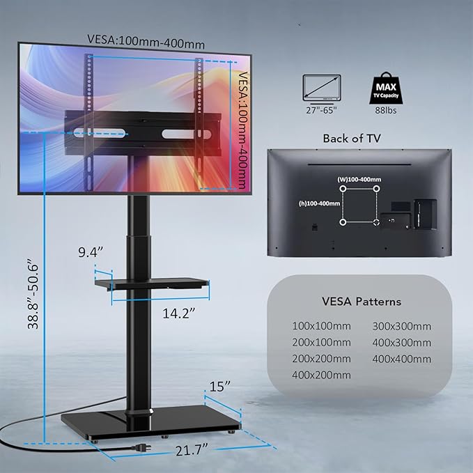 AX WABER Floor TV Stand with Power Outlet& Shelf, Universal TV Stand Mount