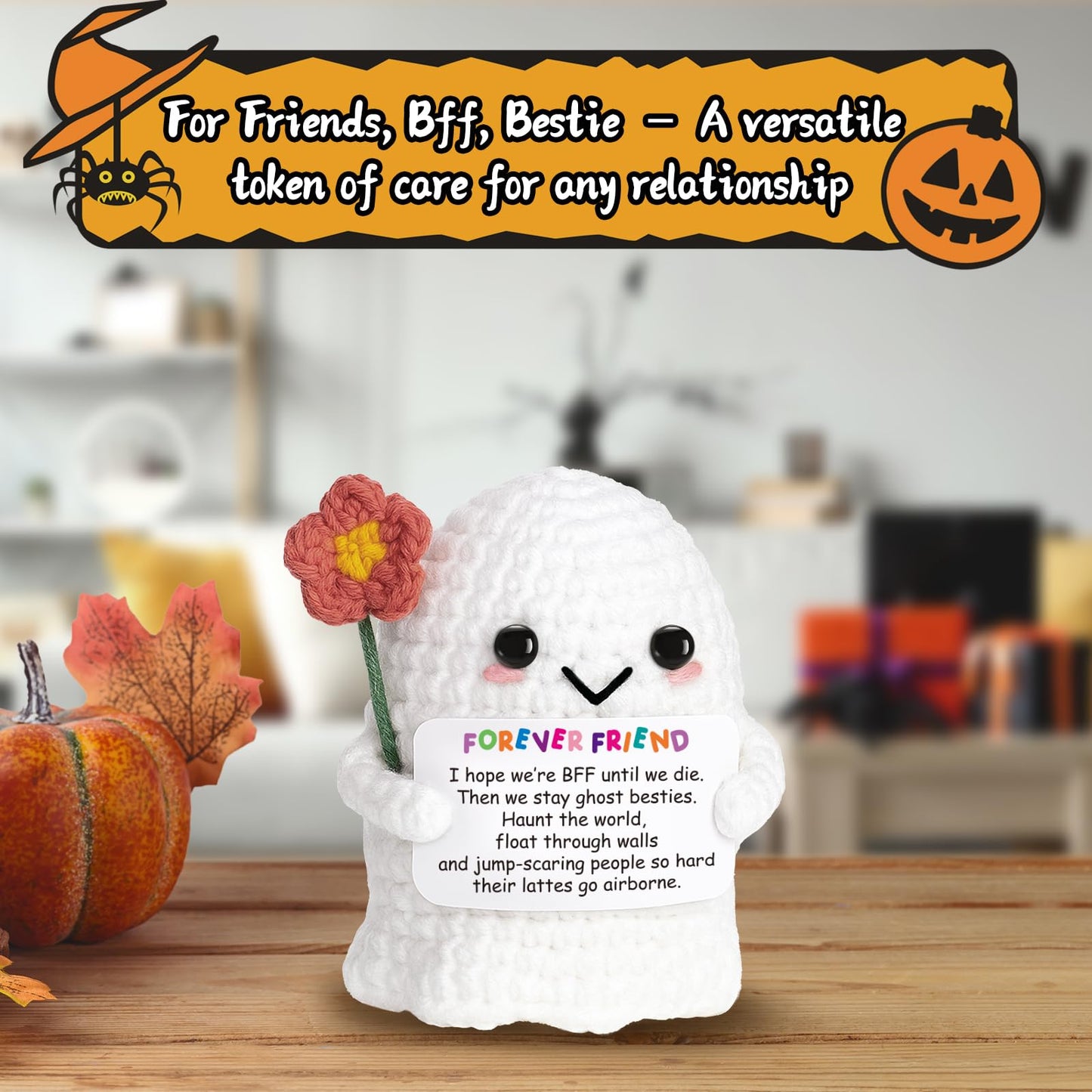 Frabaca Best Friend for Women Friendship Ornaments - Handmade Crochet Ghost Decor with Funny Boo BFF Message Card, Halloween Stocking Stuffers, Cute Birthday Gift for Bestie Soul Sister