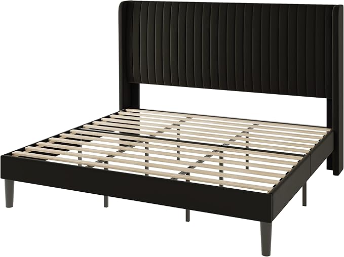 Allewie King Size Velvet Bed Frame/Vertical Channel Tufted Wingback