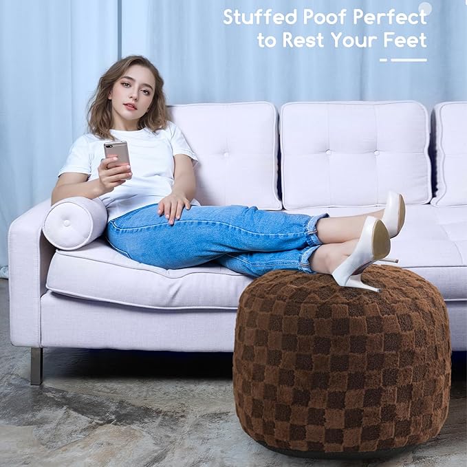 HIGOGOGO Round Stuffed Pouf Ottoman, Plaid Poufs