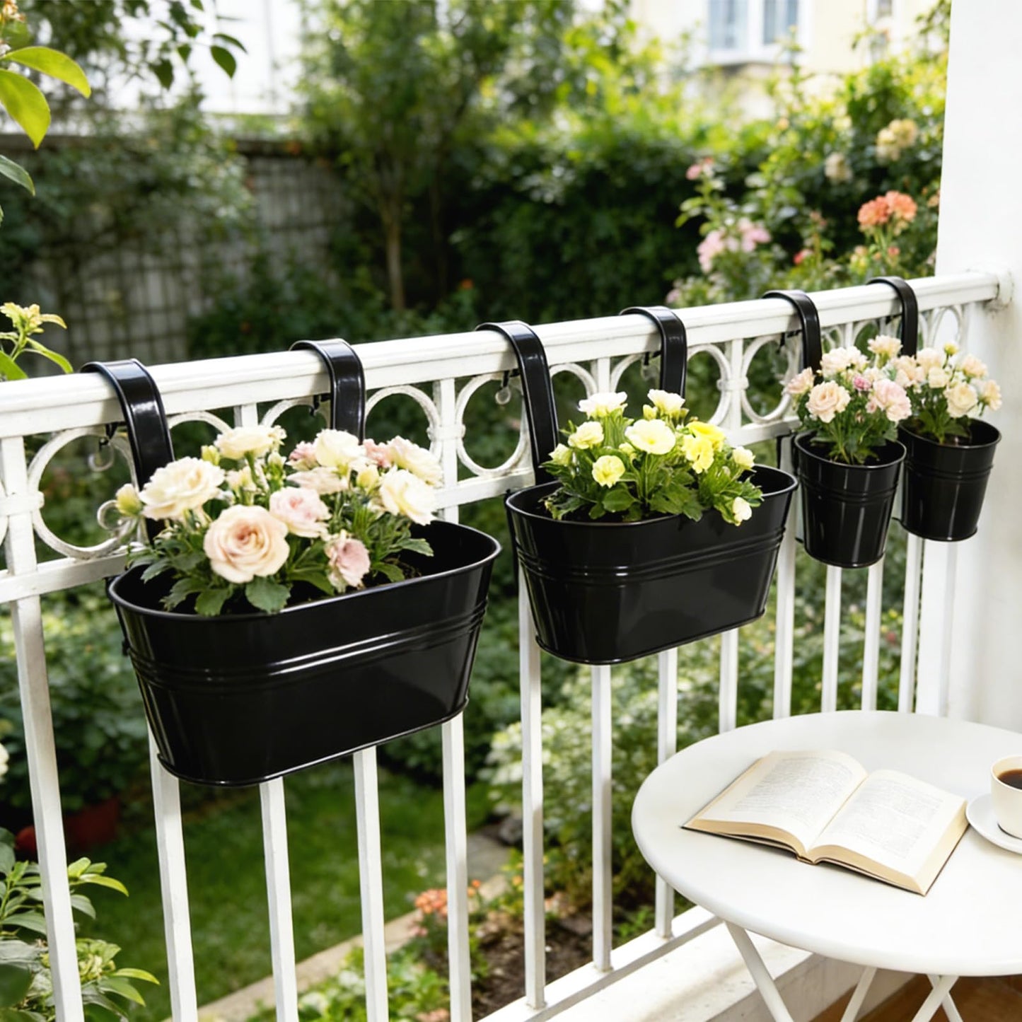 Joyfernal Pack of 4 Metal Hanging Planters for Outdoor Plants, 2 Pcs 4" Round Railing Planter & 2 Pcs 10" Oval Fence Flower Pots for Balcony Garden Decor, Black