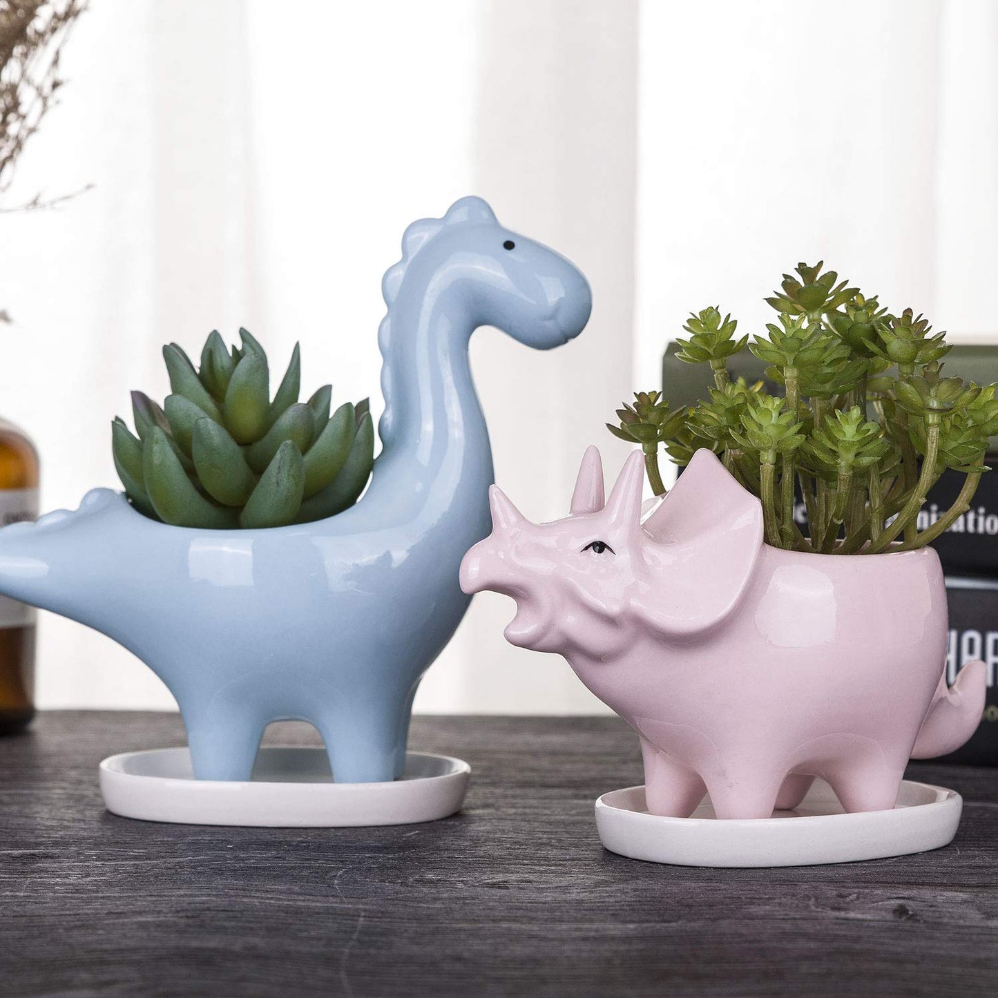 VanEnjoy Desktop Cute Cartoon Herbivorous Dinosaur White Ceramic Succulent Planter with Tray, Bonsai Cactus Flower Pot Vase Holder Decorative Organizer